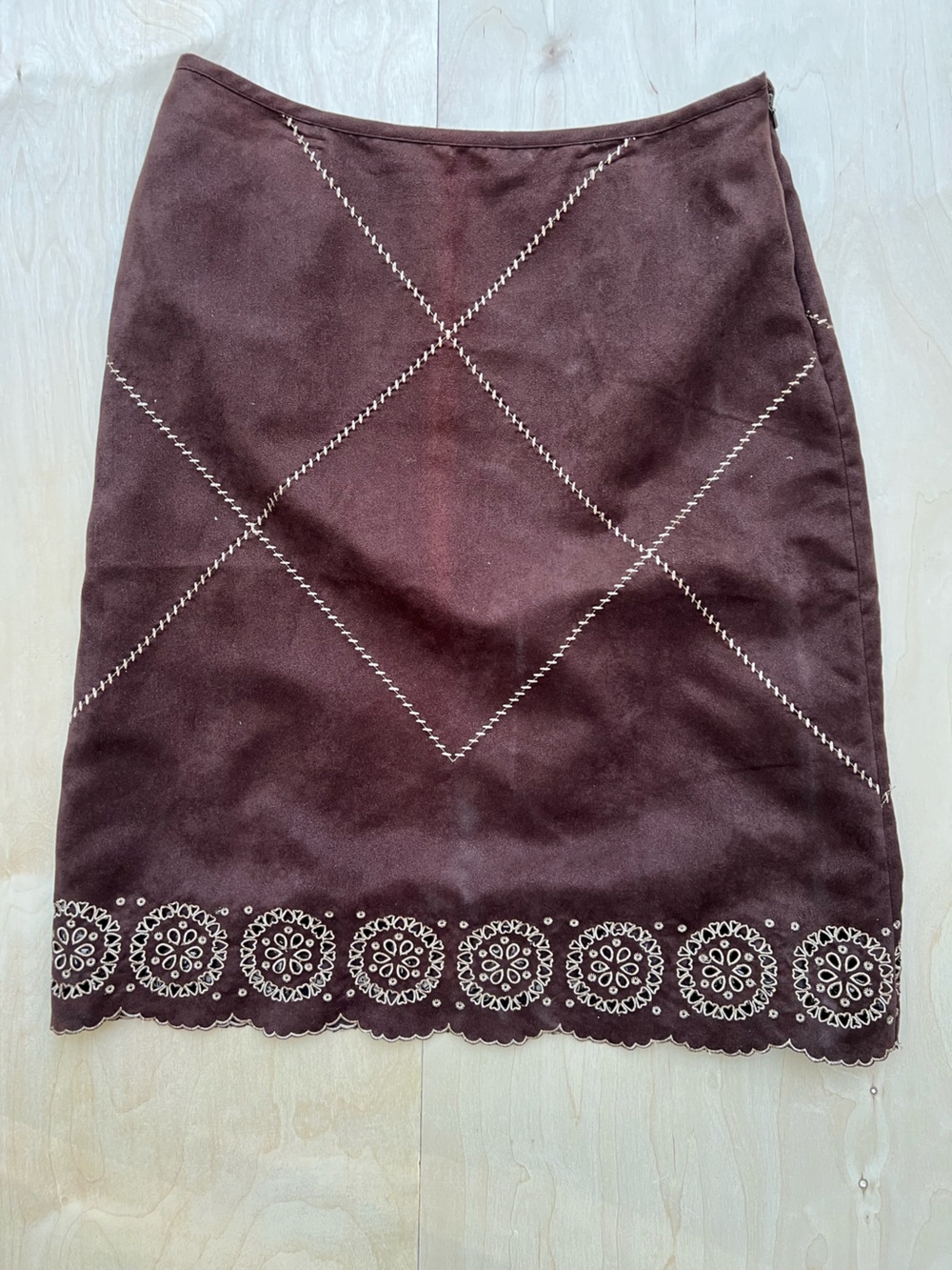 Vintage faux suede embroidered midi skirt
